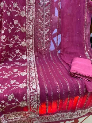 Luxury Unstitched Party Dress in Premium Chiffon Georgette Fabric